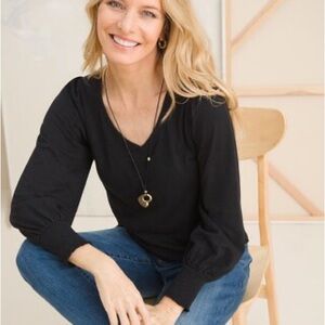 Chico’s Casual V-Neck Black tee with ribbed collar and cuffed wrist detail